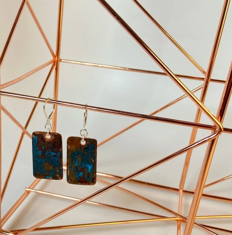 Bejeweled Bold Copper Patina Earrings B-120 Handmade 2 Bejeweled Bold Copper Patina Earrings B-120 Handmade