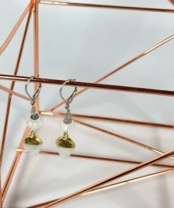 Bejeweled Handmade Gold & Moonstone Dangly Earrings B-147