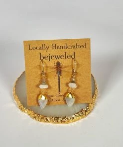 Bejeweled Handmade Gold & Moonstone Dangly Earrings B-147