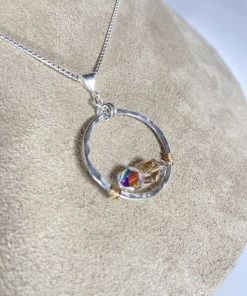 Bejeweled Handmade Hammered Silver & Swarovski Crystal Pendant Necklace B-157