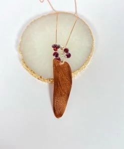 Bejeweled Handmade Handcrafted Copper Dragonfly Wing With Garnet B-165