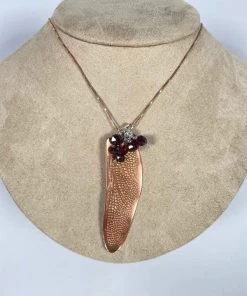Bejeweled Handmade Handcrafted Copper Dragonfly Wing With Garnet B-165