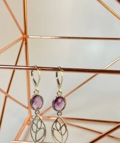 Bejeweled Handmade Sterling Silver Leaf And Amethyst Earrings B-106